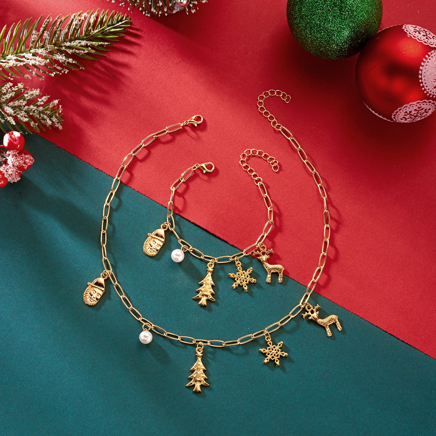 Set bracciale e collana con fiocco di neve e renna per albero di Natale, dolce e audace, in lega placcata oro, gioielli festivi per le vacanze, regalo unisex