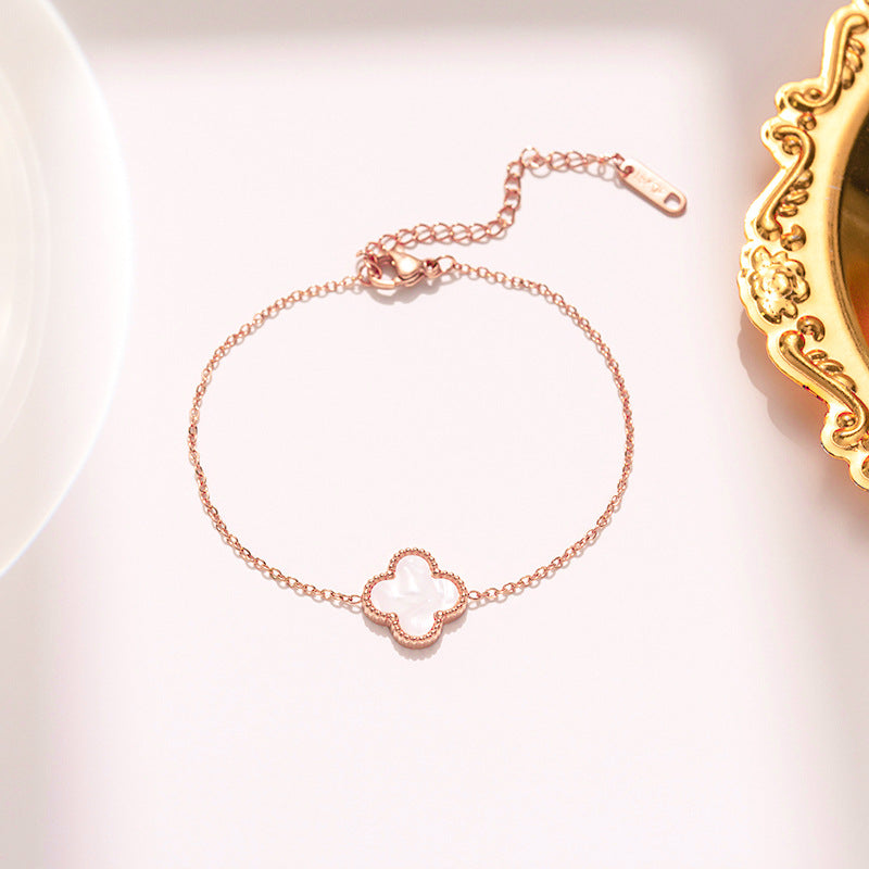 Minimalist Four-Leaf Clover Bracelet in Titanium Steel with Electroplated Finish for Women and Unisex Wear
