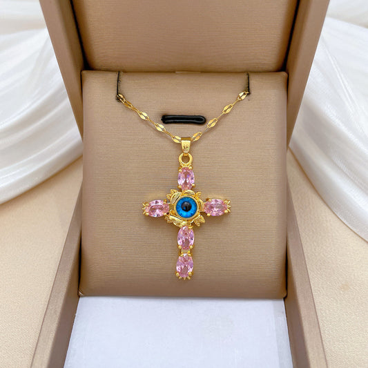 Collar Minimalista de Cruz con Incrustaciones de Pedrería en Acero de Titanio para Mujeres y Hombres, Delicada Cadena de Clavícula con Diseño Geométrico