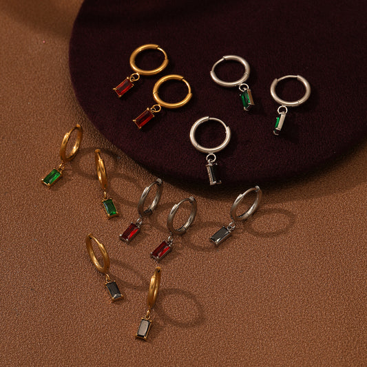 Pendientes Minimalistas Rectangulares de Acero Titanio para Mujer con Incrustaciones de Zirconia de Colores y Acabado Galvanizado