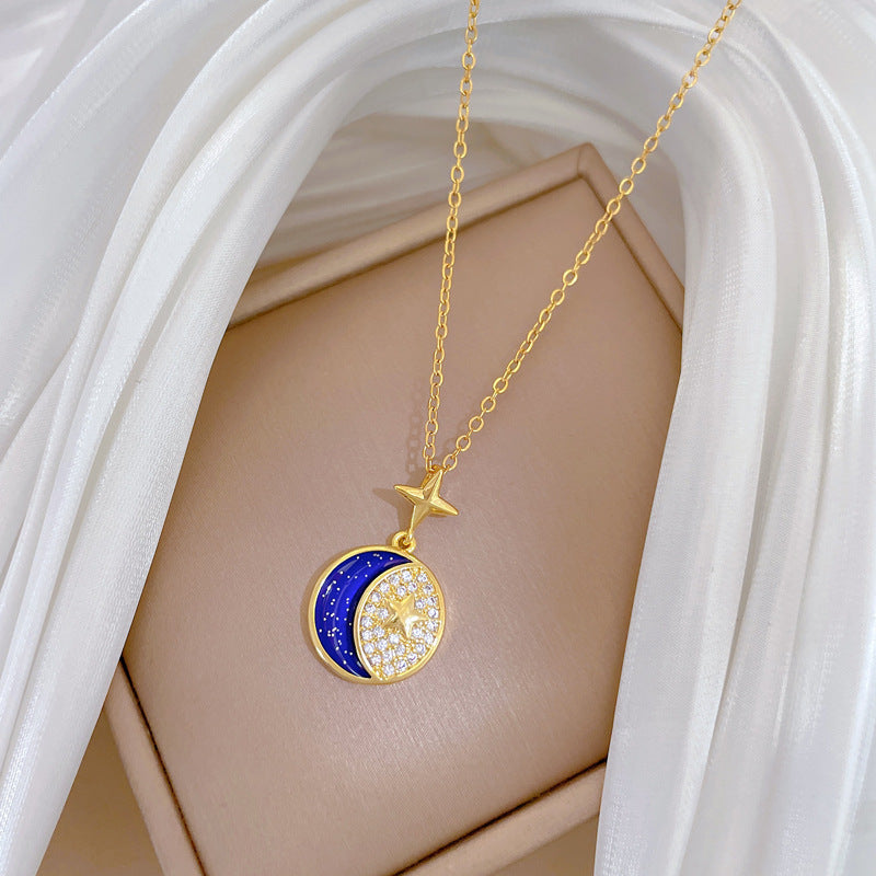 Sweet Star Moon Geometric Titanium Steel Necklace with Cubic Zirconia Brass Pendant for Unisex