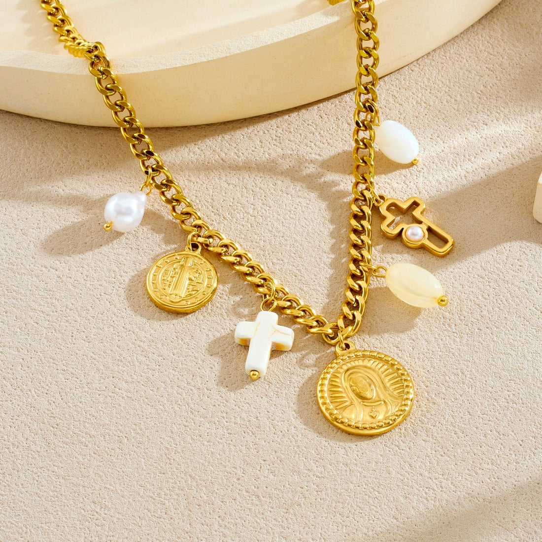 Vintage Elegant Oval Cross Relief Stainless Steel Pendant Necklace Set for Women