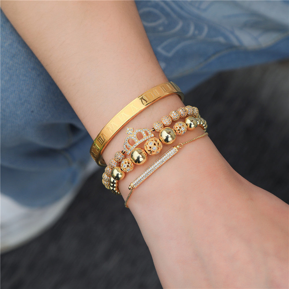 Gold Plated Brass Braided Crown Cubic Zirconia Bracelet Set for Unisex