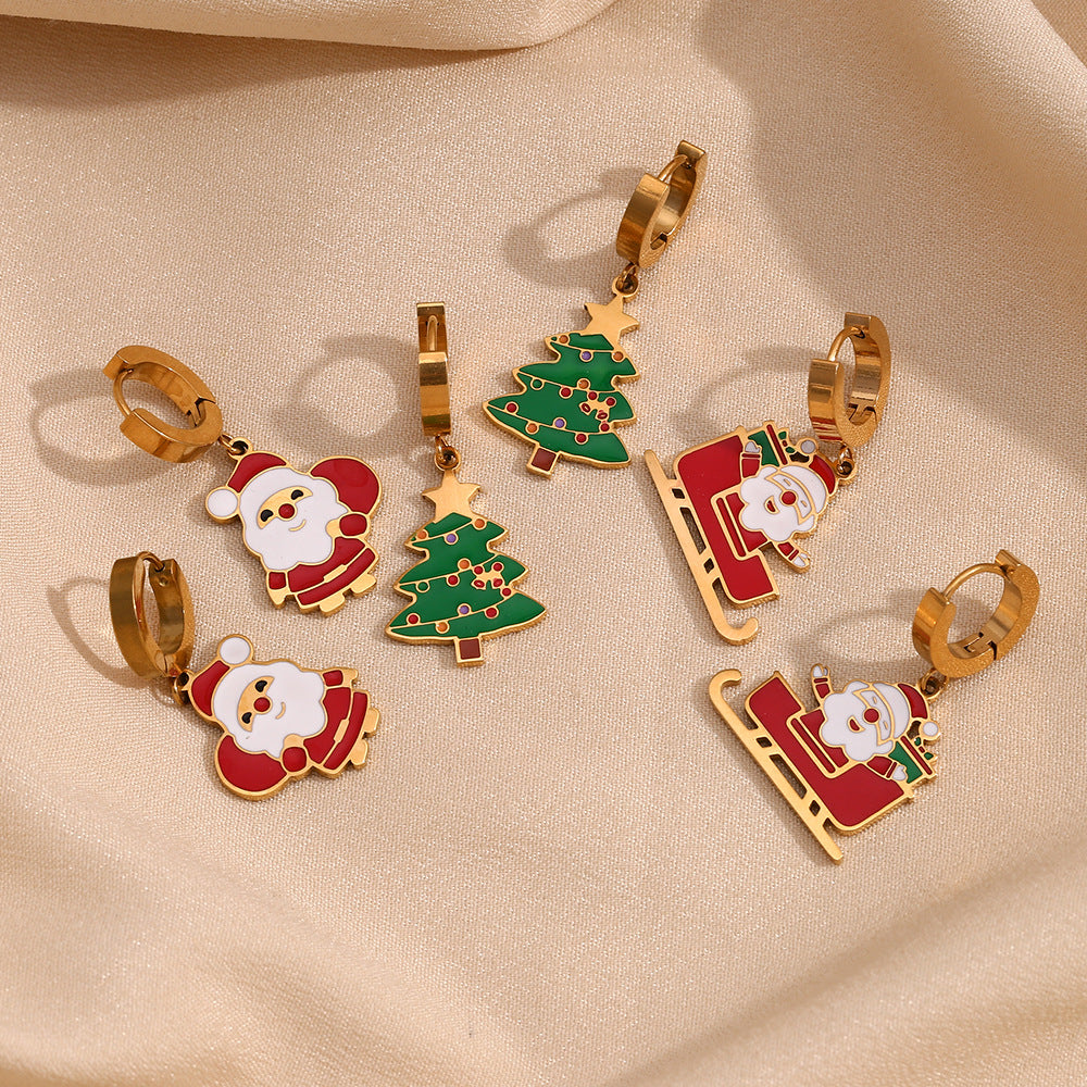 Cute Cartoon Santa Claus Enamel Earrings in Stainless Steel with 18K Gold Plating for Women