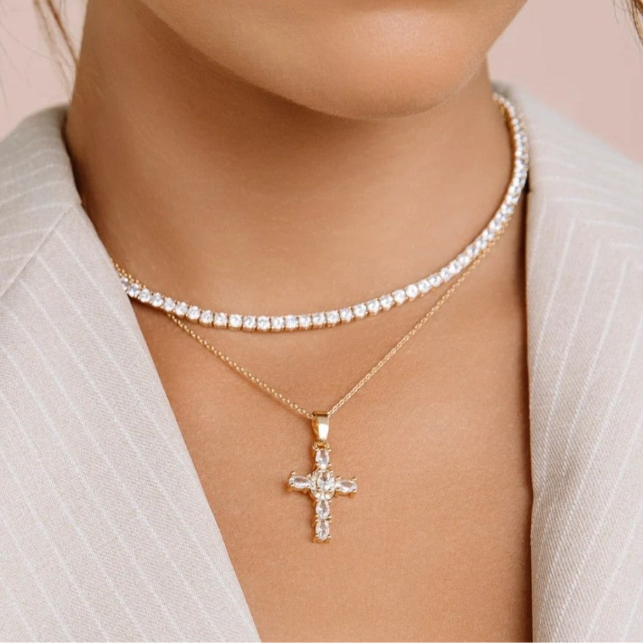 Hip-hop Sweet Geometric Cross Cubic Zirconia Brass Pendant Necklace with Box Chain