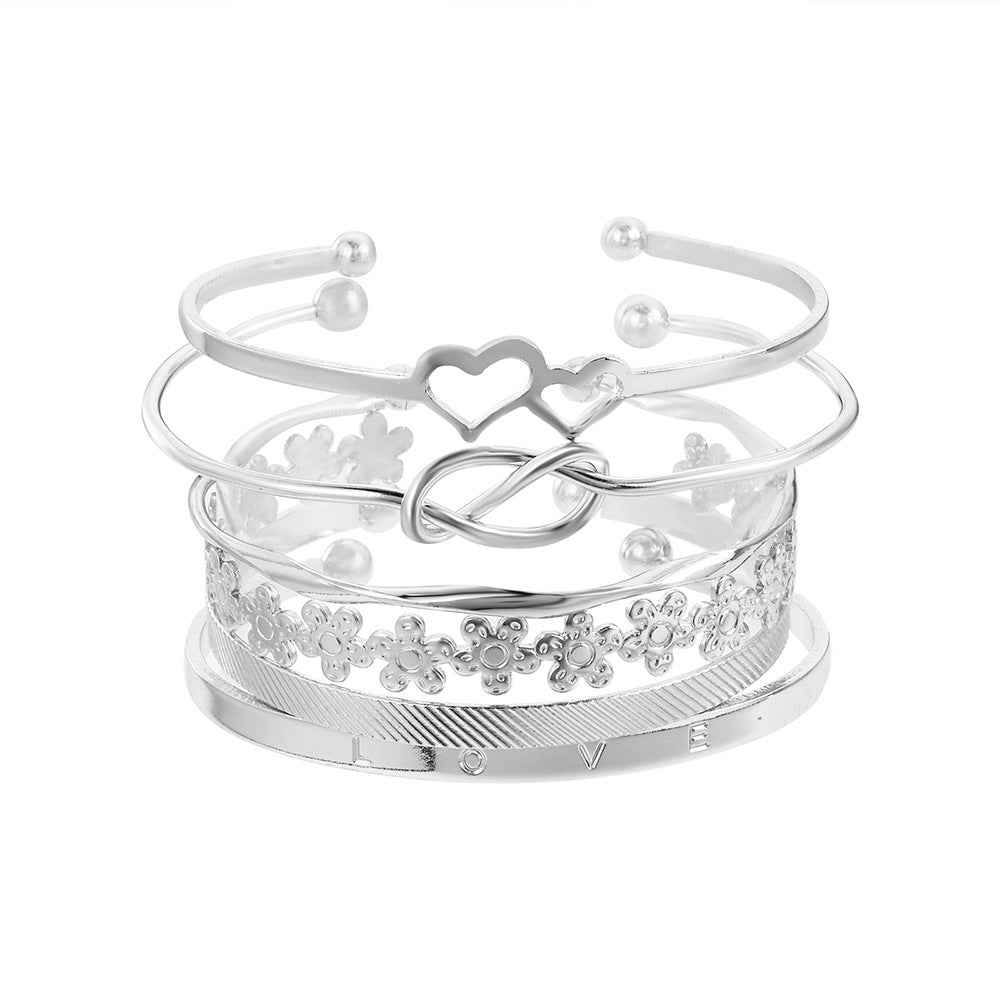 Geometric Heart Knot Flower Alloy Cuff Bracelet Set for Women