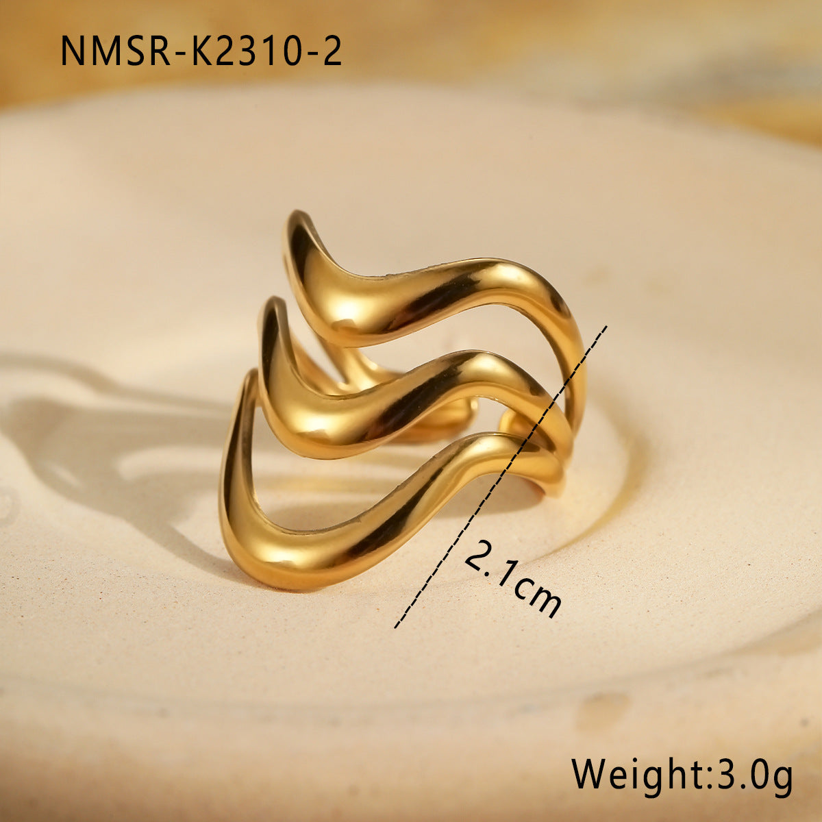 Anillo ajustable de acero inoxidable chapado para mujer con forma de onda minimalista