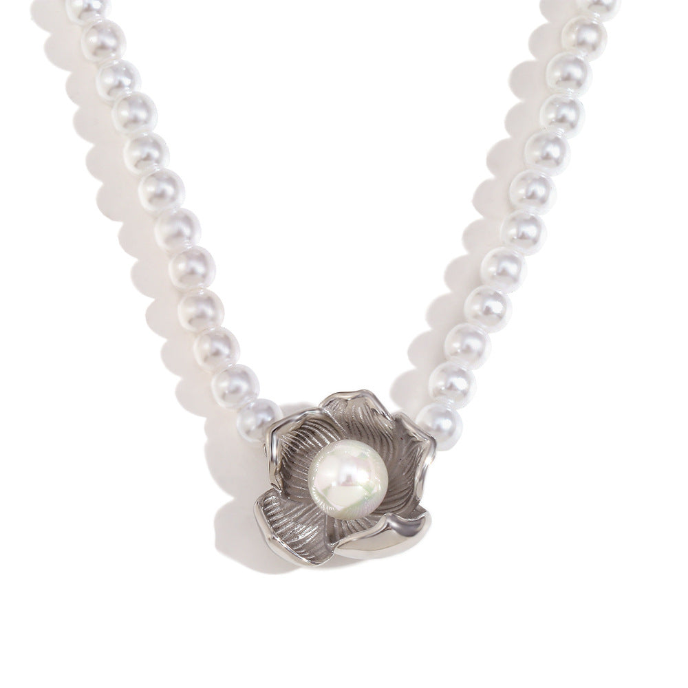 Vintage Floral Style Stainless Steel Pendant Necklace with 18K Gold Plating and Simulated Pearl Accents for Women
