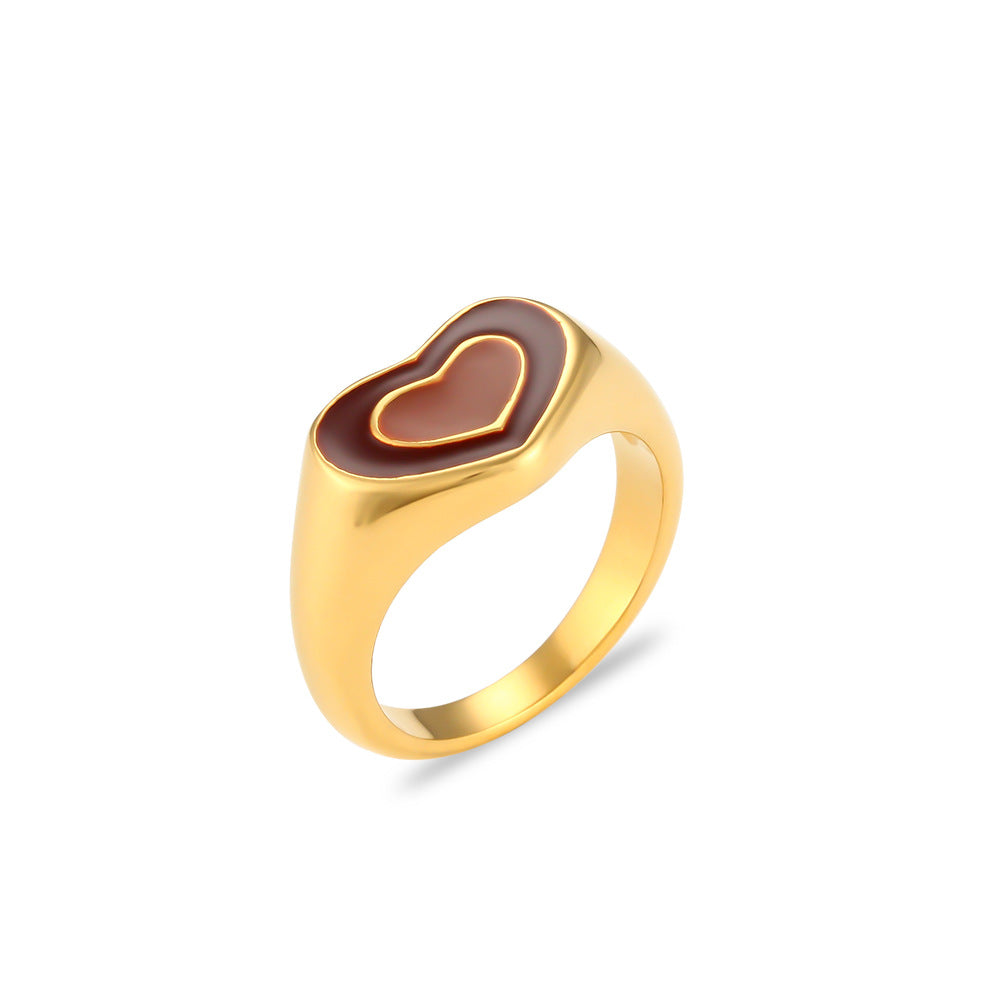 Anillo de acero inoxidable con forma de corazón a la moda con revestimiento de esmalte para mujer