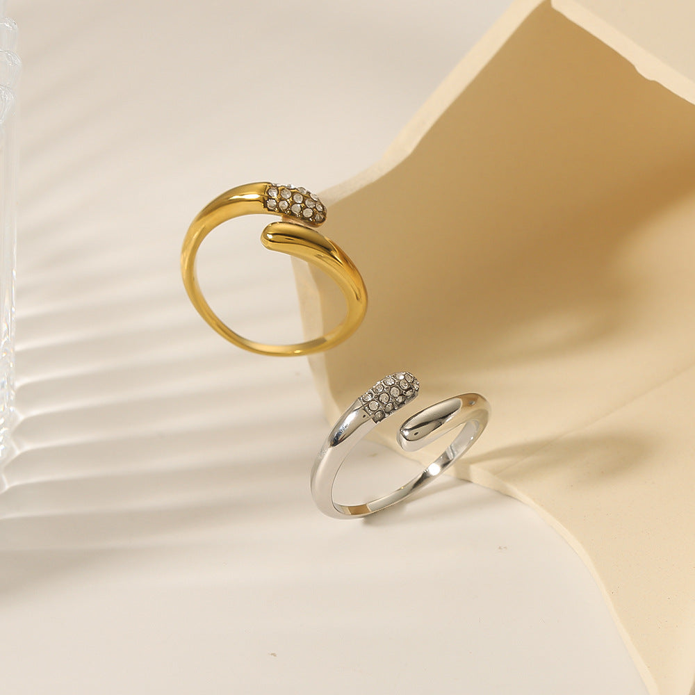 INS Style Geometric Stainless Steel Ring with Zirconia Inlay and 18K Gold Vacuum Plating for Women