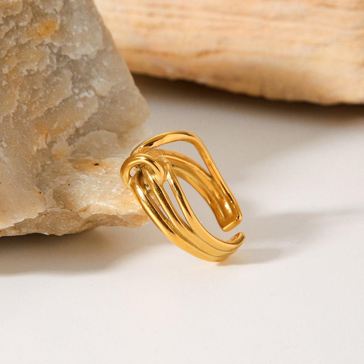 Minimalist Geometric Open-End Stainless Steel Ring for Women with 18K Gold Plating