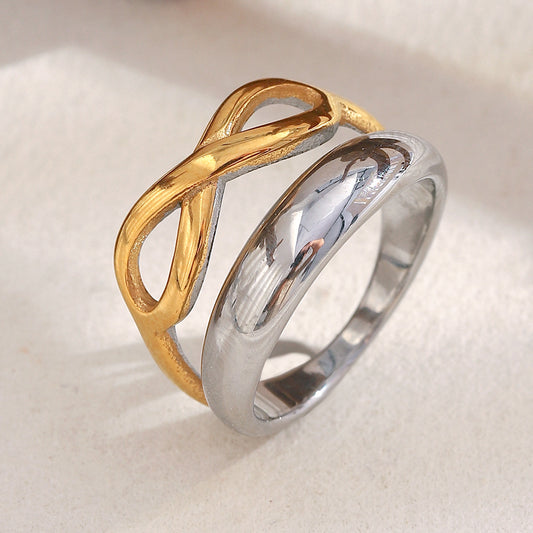 Minimalist Geometric Stainless Steel Ring with 18K Gold Plating for Women, Double-Layer Figure-Eight Design, Lightweight Luxury Hand Jewelry