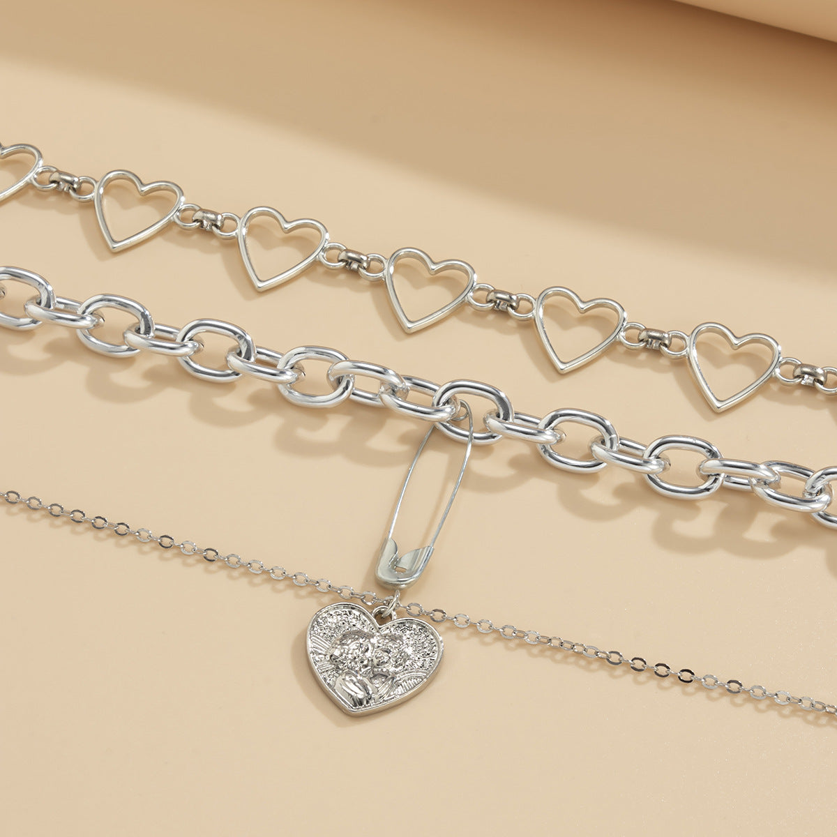 Vintage Style Heart-Shaped Alloy Pendant Necklace Set with Cross Chain and Tassel Accents for Women
