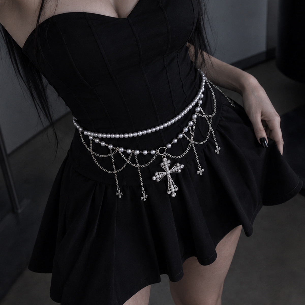 Vintage Cross Faux Pearl Tassel Waist Chain for Women