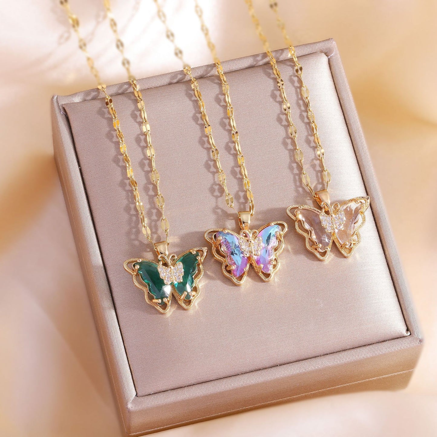 Minimalist Elegant Gold Plated Titanium Steel Butterfly Necklace with Crystal Inlay for Women