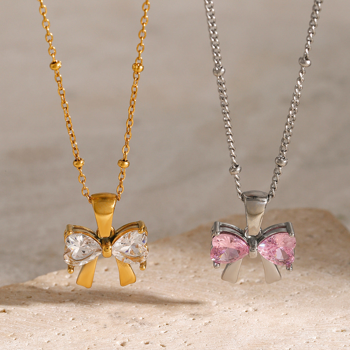 18K Gold Plated Stainless Steel Bow Necklace with White Cubic Zirconia for Women