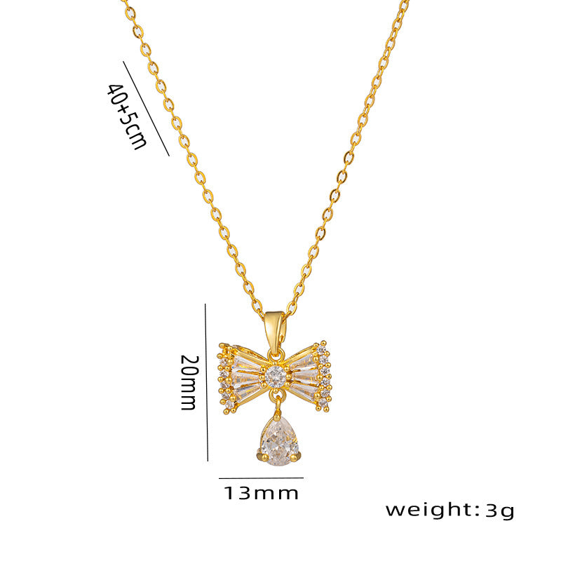 Minimalist Bow-Shaped Titanium Steel Necklace with Rhinestone Inlay for Women, O-Chain Locket Style Pendant