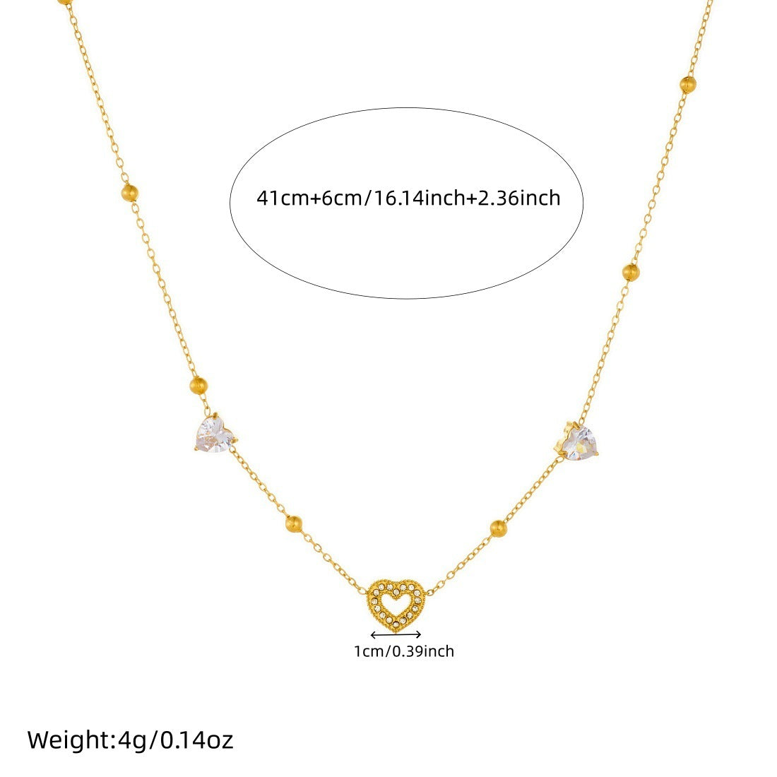 Casual Gold Plated Heart Rhinestone Inlay Stainless Steel Necklace for Women