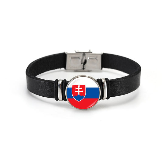 Geometric Plated Leather Bracelet Unisex World Cup Flag Design Casual Wristband