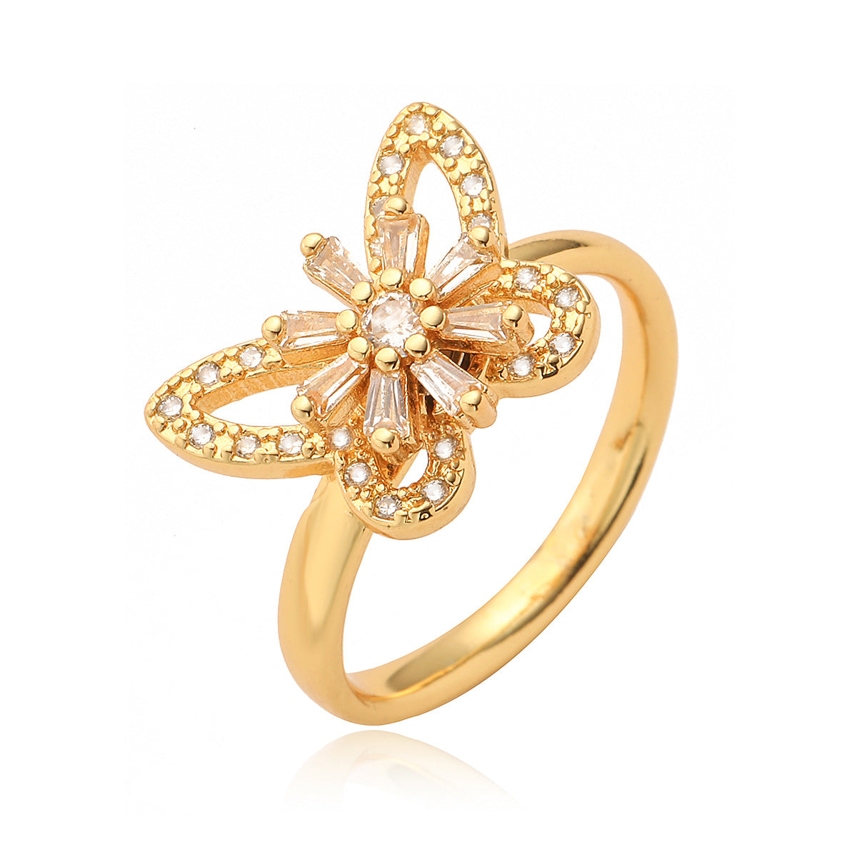 Anello in rame girevole a forma di farfalla floreale con placcatura in oro 18K e intarsio in zircone da donna, anello geometrico minimalista alla moda