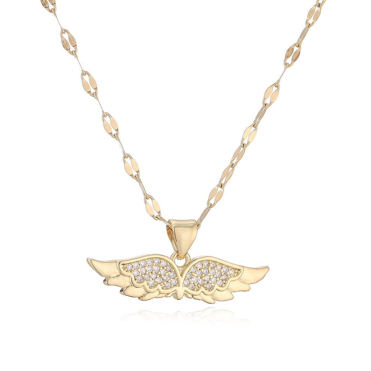 Minimalist 18K Gold Plated Brass Geometric Cubic Zirconia Inlay Angel Wing Pendant Necklace for Women