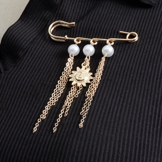 Vintage Geometric Floral Sunflower Smile Tassel Alloy Brooch for Women
