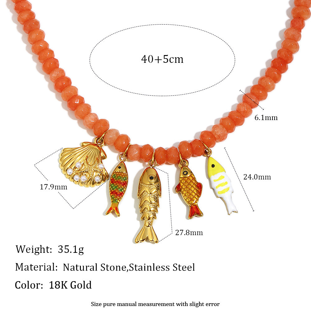 Luxury Handmade Beaded Geometric Pendant Necklace in Stainless Steel with 18K Gold Plating and Red Agate Ocean Life Motif