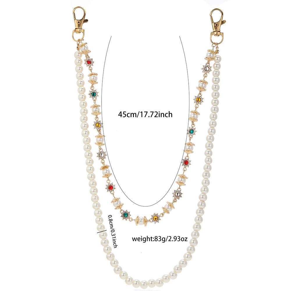 Hip-hop Punk Floral Rhinestone Pearl Polished Zinc Alloy Waist Chain for Unisex