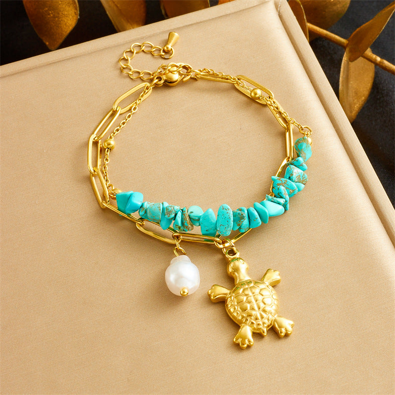 Pulsera de doble capa de acero inoxidable chapado con perlas de tortuga turquesas individualistas