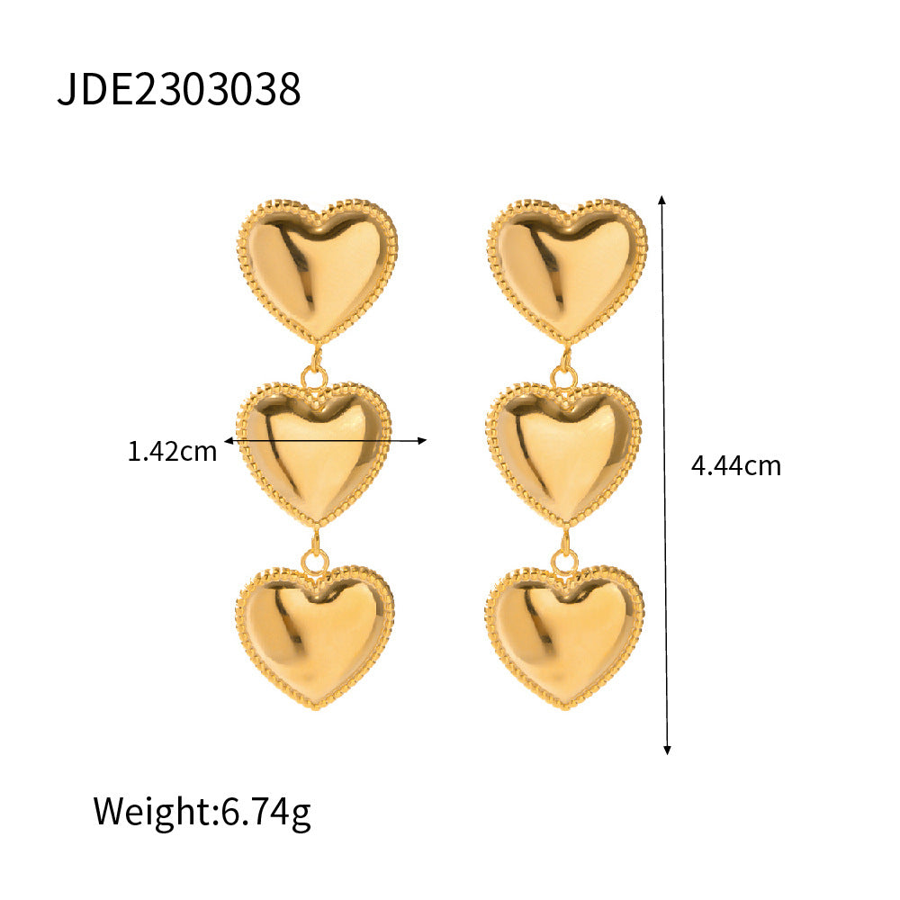 Pendientes de borla en forma de corazón de acero inoxidable con baño de oro de 18 quilates de moda con diseño de borde en capas para mujer