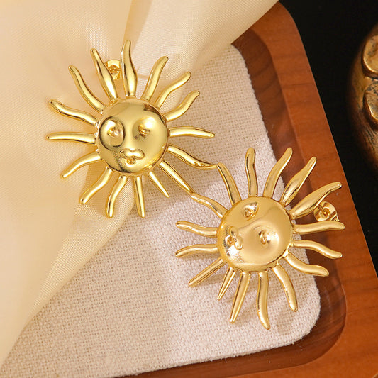 Pendientes chapados en acero inoxidable con sol geométrico, estilo elegante y casual, para mujer