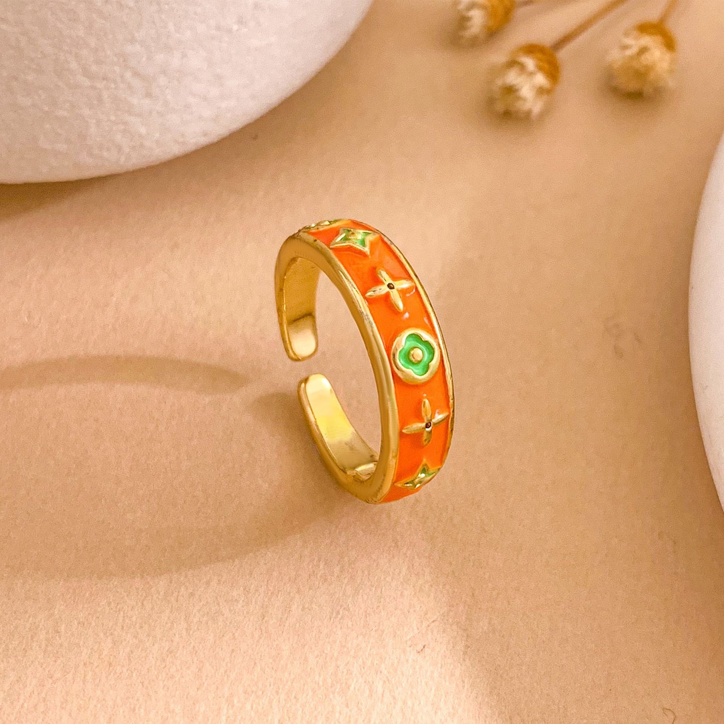 Vintage Sweet Gold Plated Brass Enamel Geometric Open Ring for Women