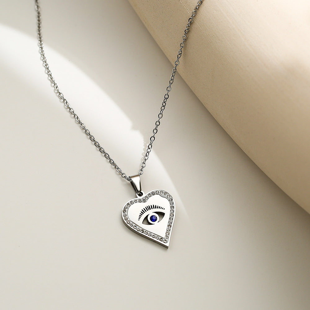 Minimalist Evil Eye Pendant Necklace for Women in Titanium Steel with Geometric Design and Heart Charm