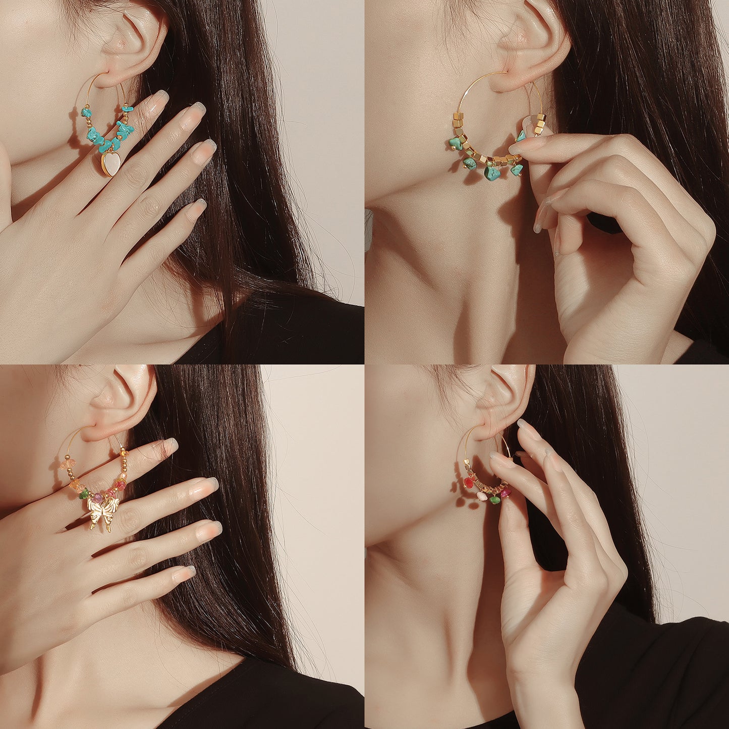 Pendientes de aro bohemios geométricos de turquesa para mujer con acabado de aleación chapada y motivo lunar inspirado en la naturaleza