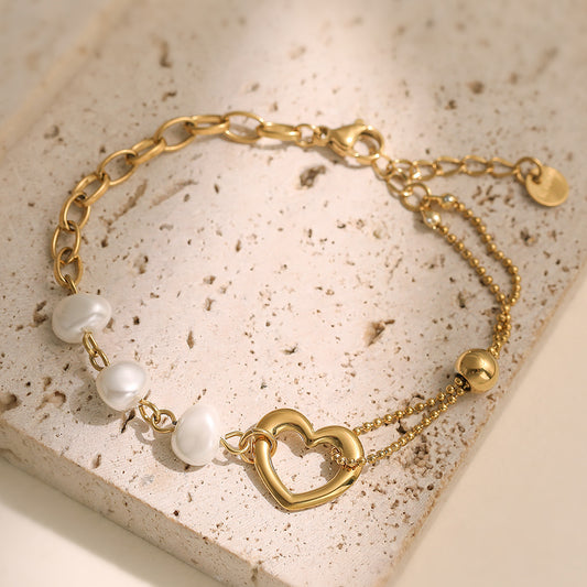 Vintage Minimalist Heart Stainless Steel Plated Bracelet with Pearl for Women