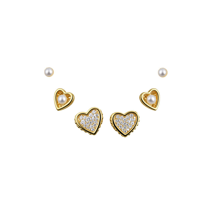 Aretes de Cobre con Baño de Oro en Forma de Corazón con Circonita y Postes de Acero Inoxidable, de Lujo, para Mujer