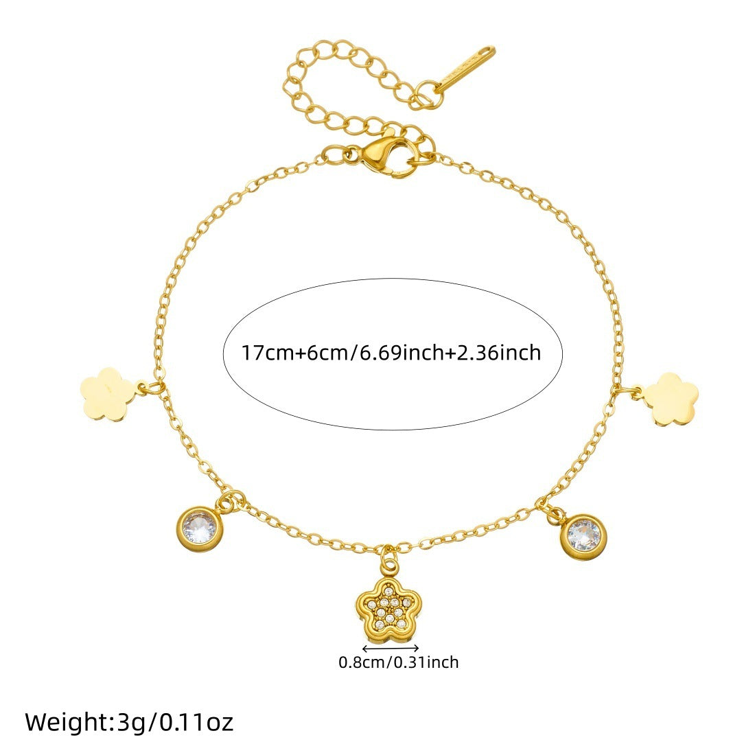 Gold Plated Stainless Steel Heart Floral Rhinestone Pendant Bracelet for Women