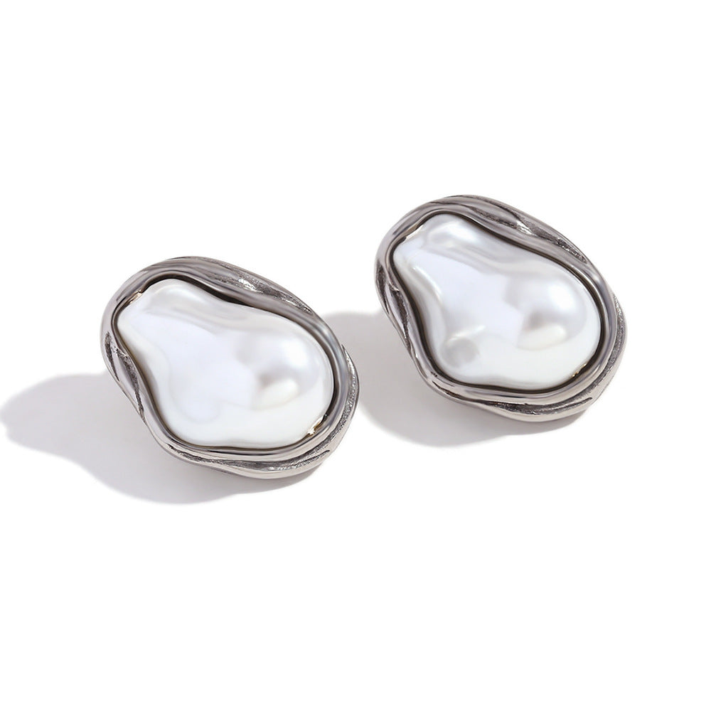 Geometric Irregular Fashion Earrings in Stainless Steel with 18K Gold Plating Featuring Spiral Seashell Design and Simulated Pearl Accents
