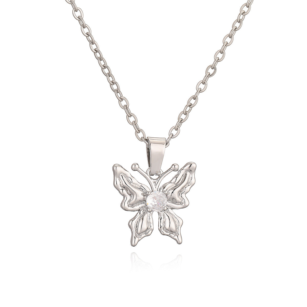 Minimalist Butterfly Pendant Necklace for Women Made of Brass with Rhinestone Inlay and Gold Plating