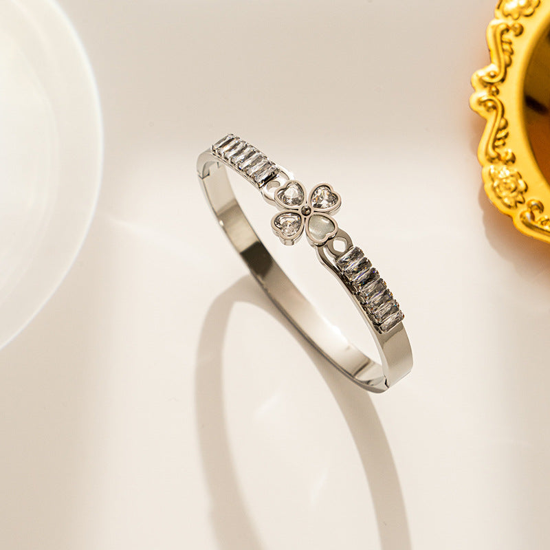 Minimalist Geometric Titanium Steel Plated Bracelet with Rhinestone Inlay for Women
