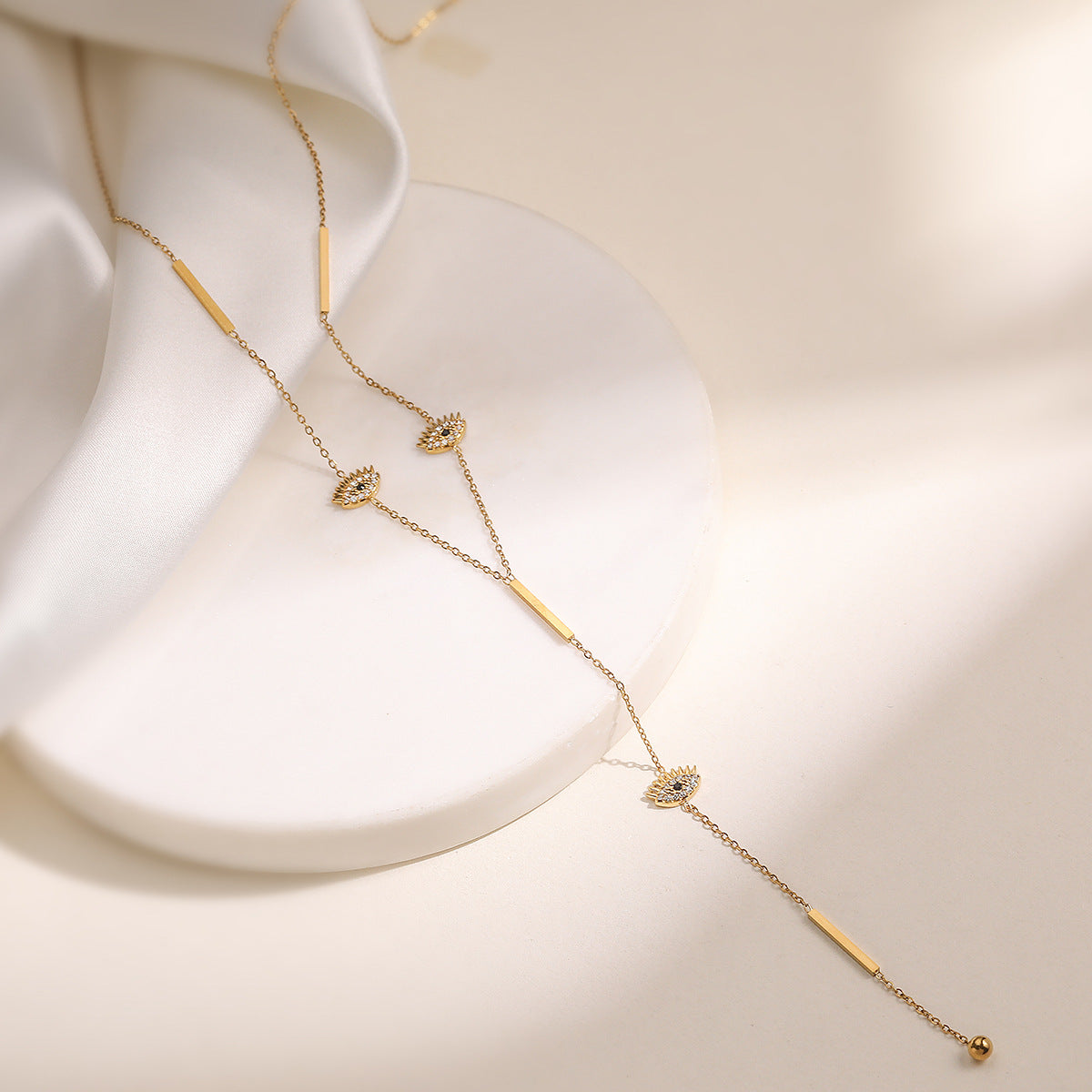 Minimalist Luxury 18K Gold Plated Geometric Cubic Zirconia Evil Eye Tassel Necklace for Women