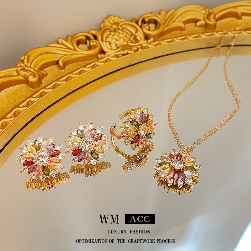 French Style Floral Pendant Necklace with Zircon Inlay on O-Chain for Women