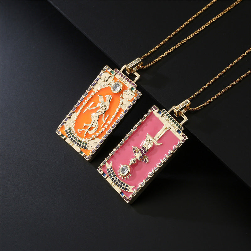 Minimalist Geometric Tarot Pendant Necklace in Copper with 18K Gold Plating and Zircon Inlay for Women