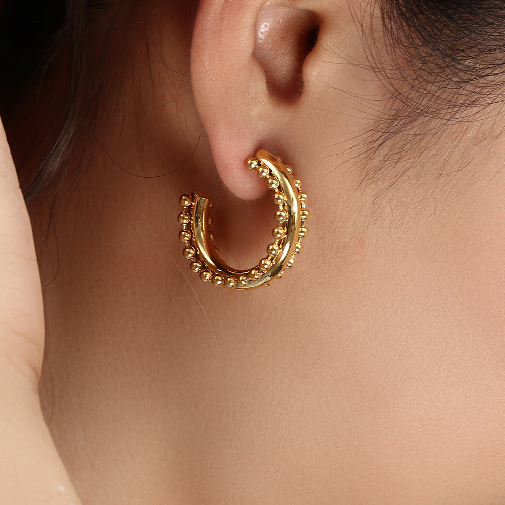 Orecchini a cerchio da donna in acciaio inossidabile placcati oro 18 carati stile bohémien con design geometrico di perline e pizzo