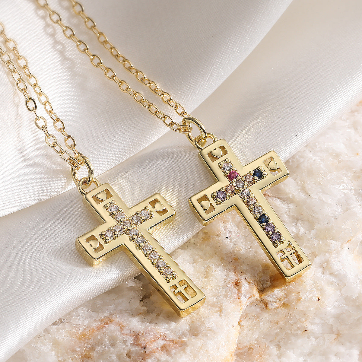 Minimalist 18K Gold Plated Brass Cross Necklace with Cubic Zirconia for Women
