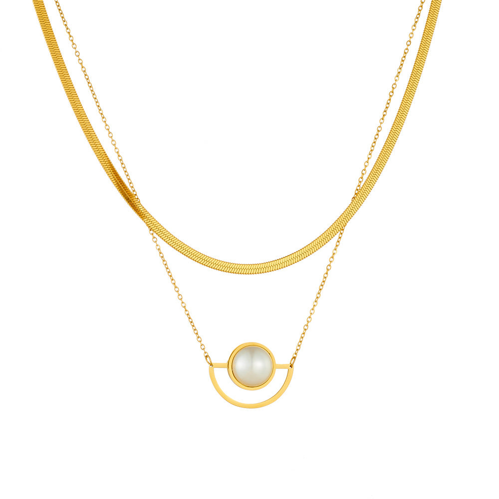 Elegant Gold Plated Stainless Steel Fan Shape Pearl Inlay Blade Chain Necklace
