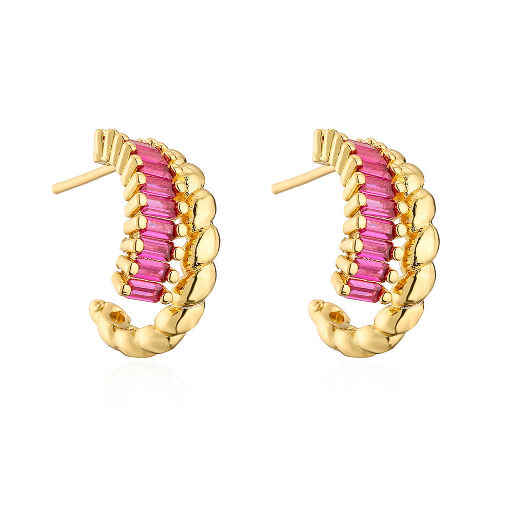 Geometric C-Shaped Copper Earrings with 18K Gold Plating and Micro-Paved Zirconia for Women