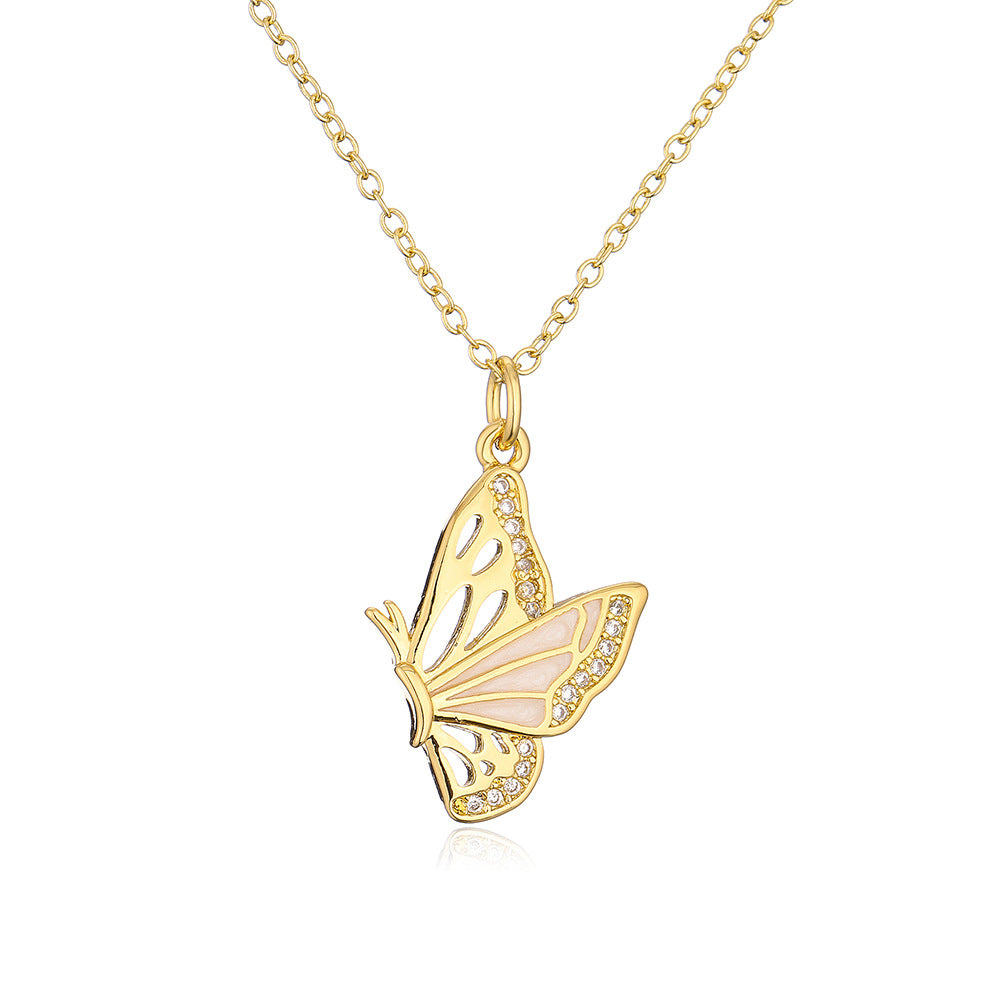 Minimalist Butterfly Pendant Necklace for Women with Copper Base Plated in 18K Gold and Enamel Finish Featuring Cubic Zirconia Accents