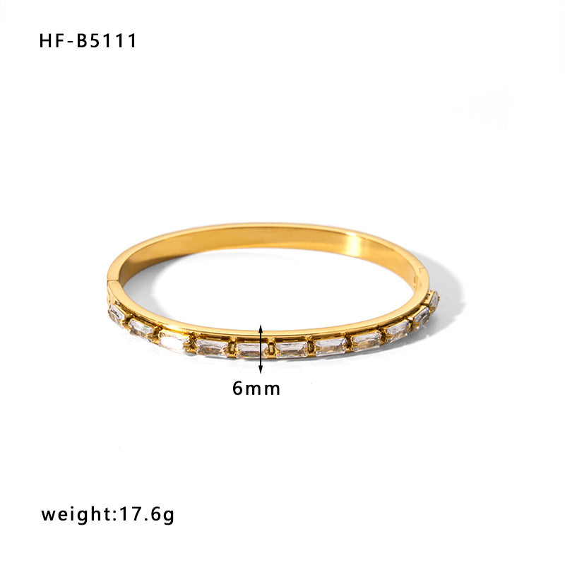 Minimalist Geometric Titanium Steel Bracelet with Rhinestone Inlay and Gold Plating for Women