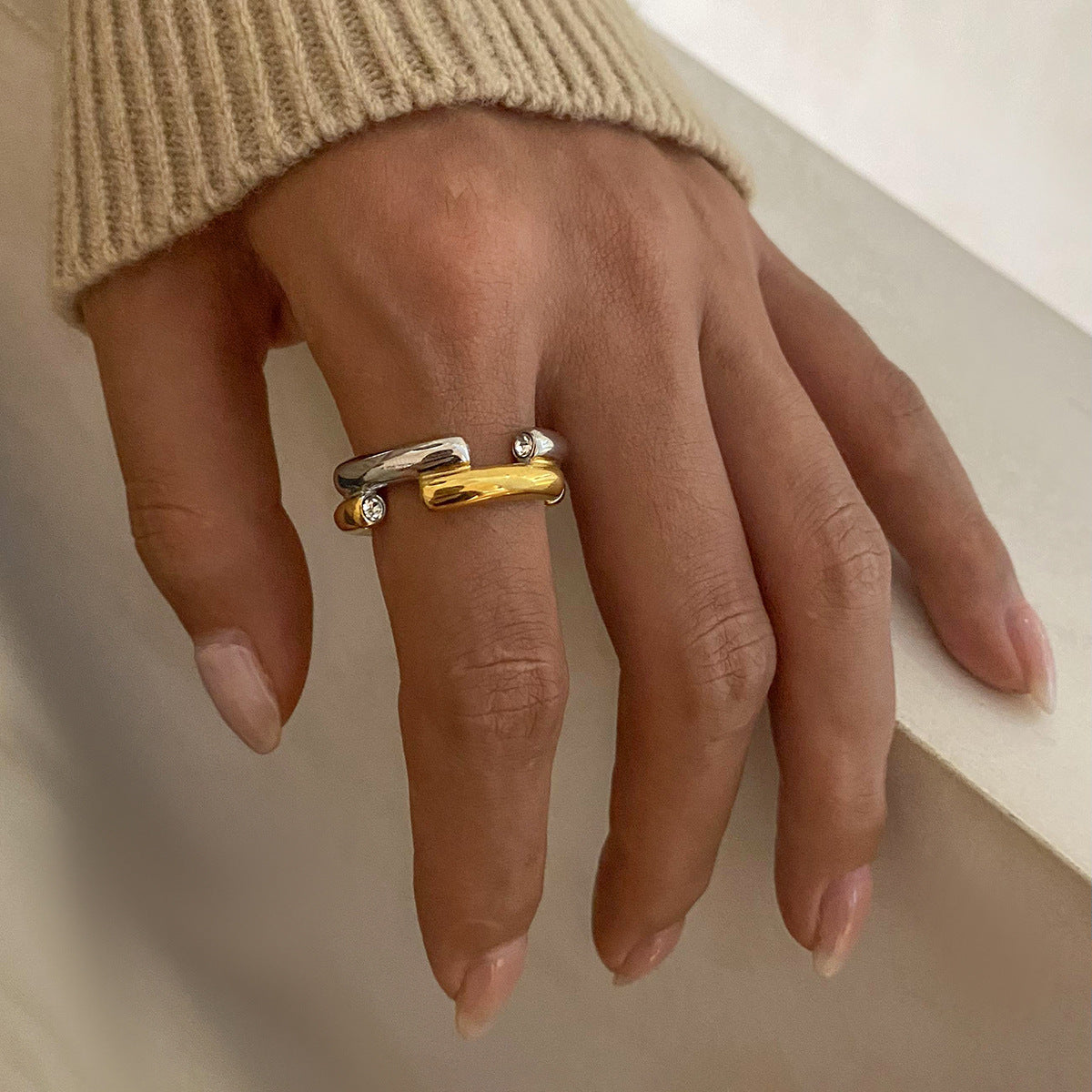 Geometric Stainless Steel Zirconia Ring with Plated Finish for Women